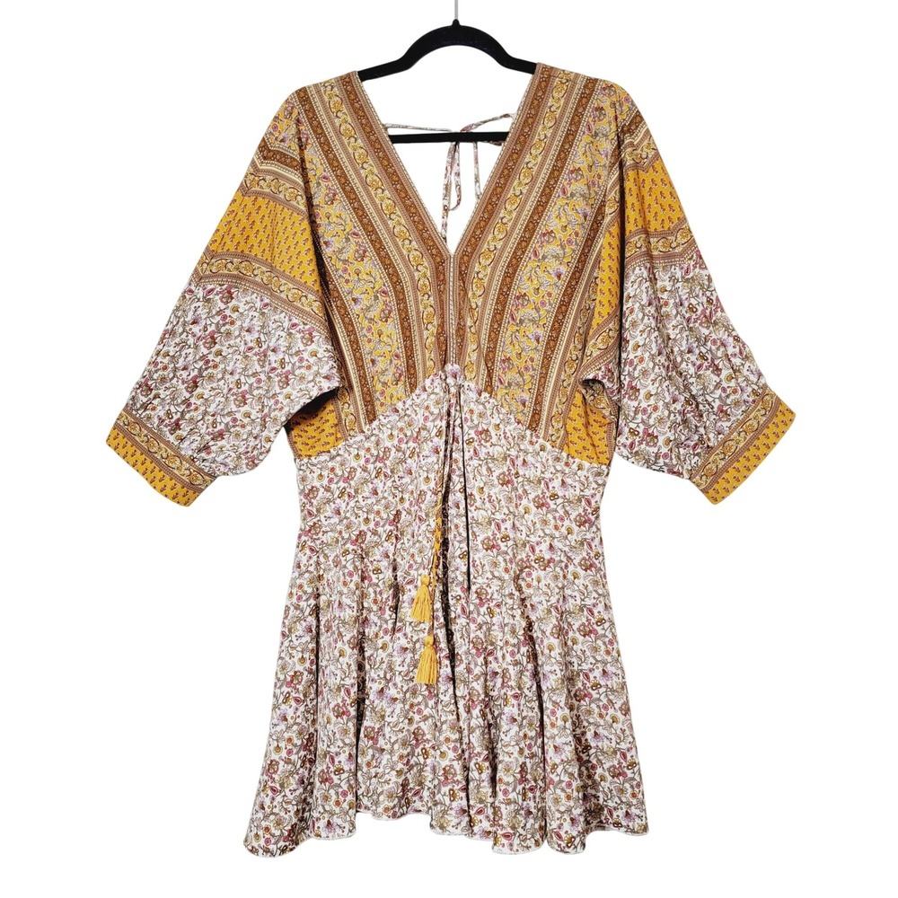 Aakaa Boho Floral Print V-NECK Mini Dress Womens‎ Small Bohemian TTassels